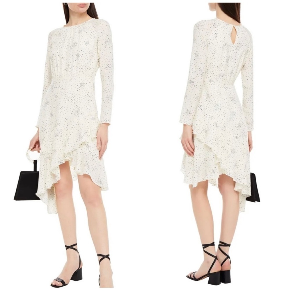 Maje 36 Sz 2 Ruffled Asymmetrical Hem Star Print Shift Shirt Dress Ecru Black